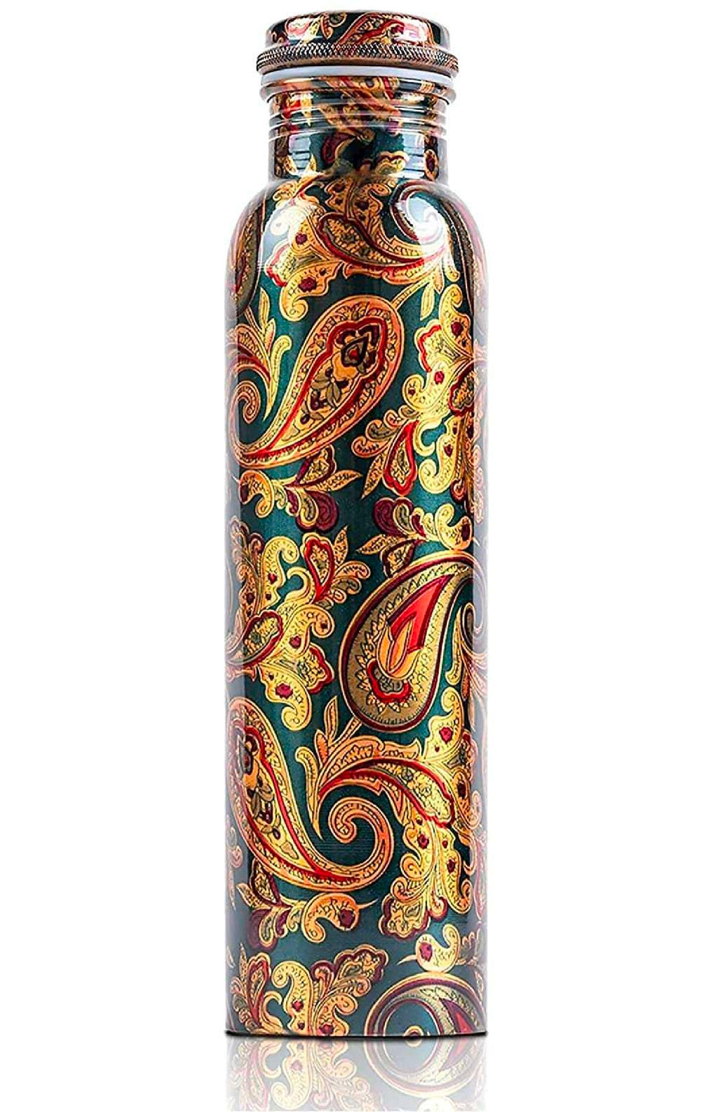 Green Printed Pure Copper Water Bottle for Drinking Water, 34 Oz