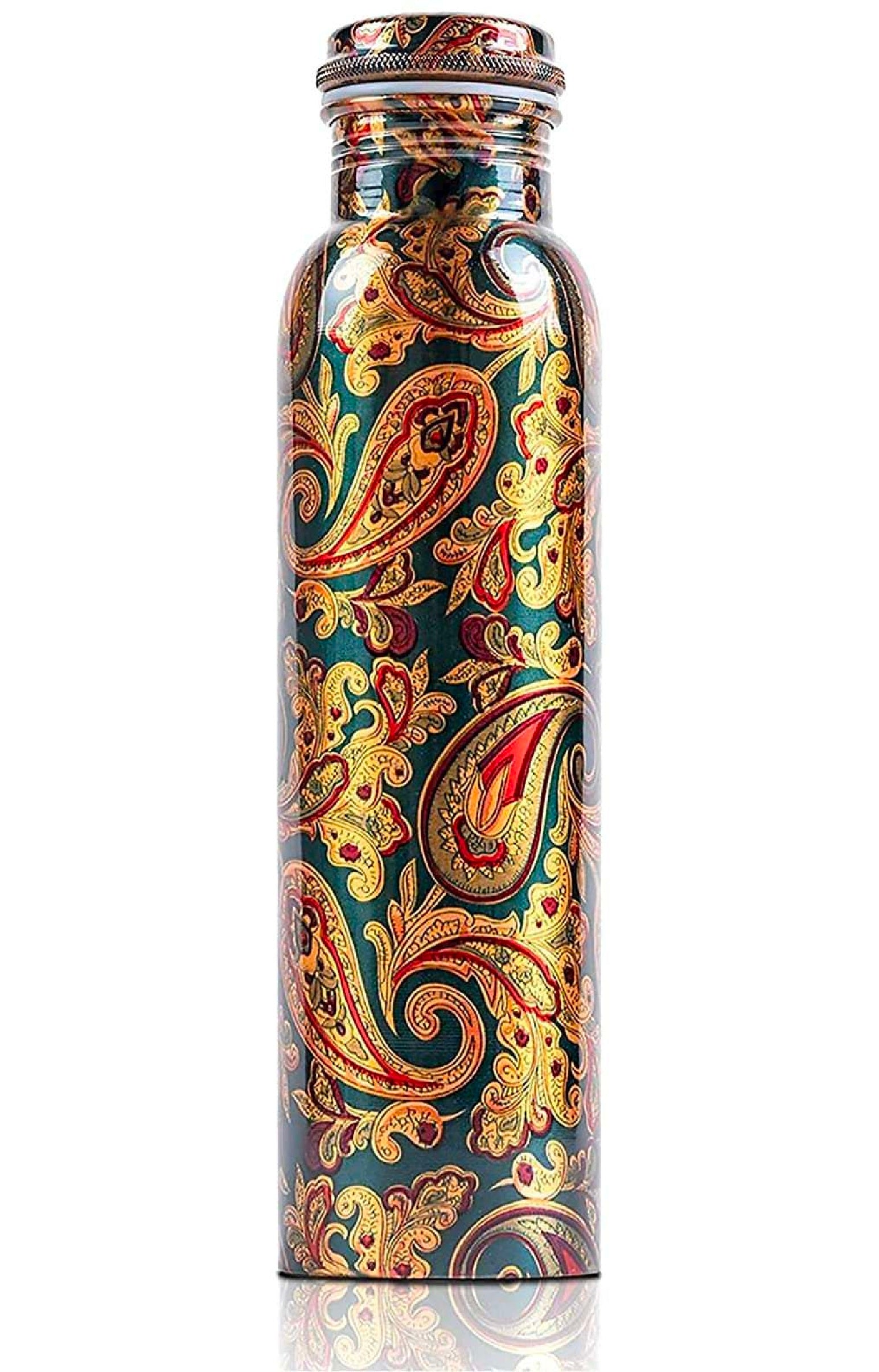 Green Printed Pure Copper Water Bottle for Drinking Water, 34 Oz