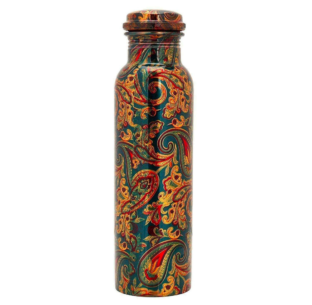 Green Printed Pure Copper Water Bottle for Drinking Water, 34 Oz