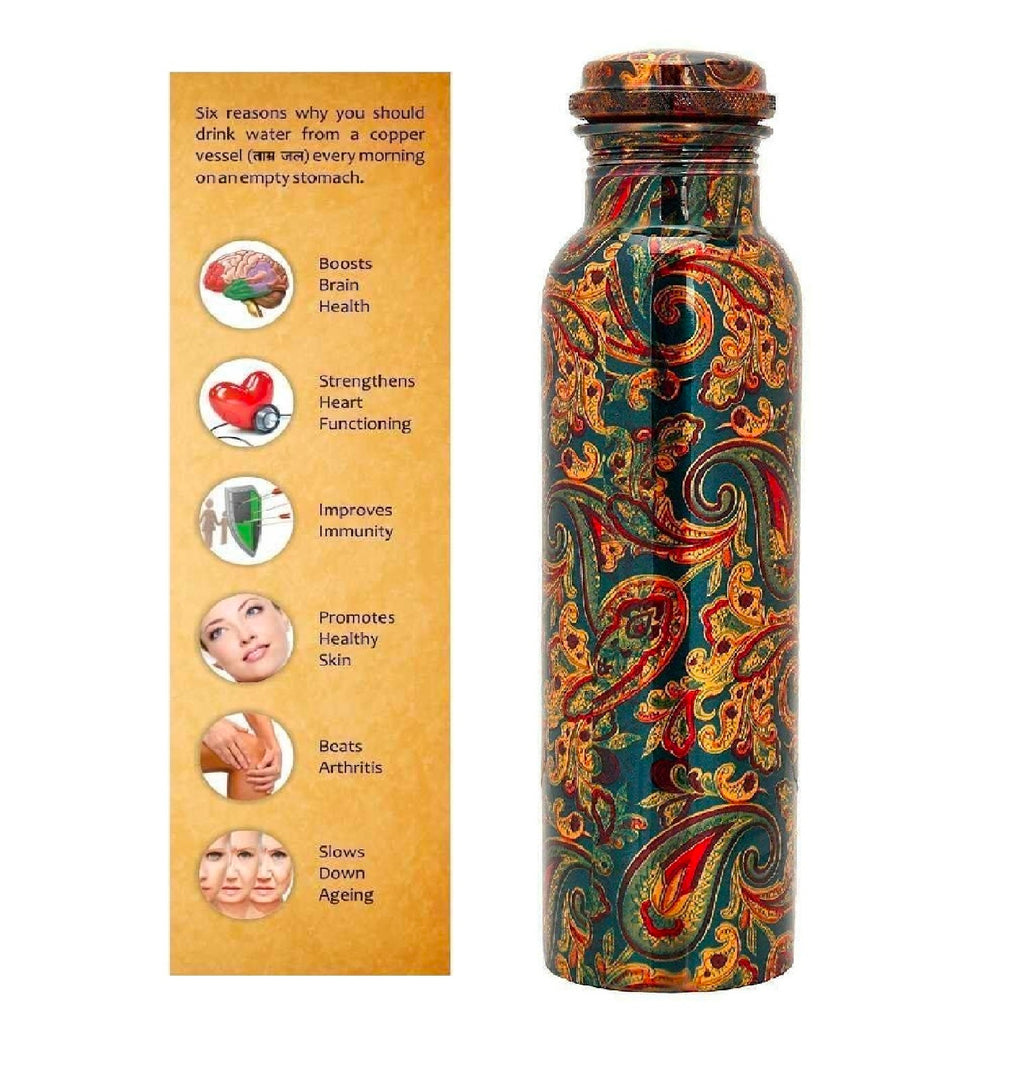 Green Printed Pure Copper Water Bottle for Drinking Water, 34 Oz