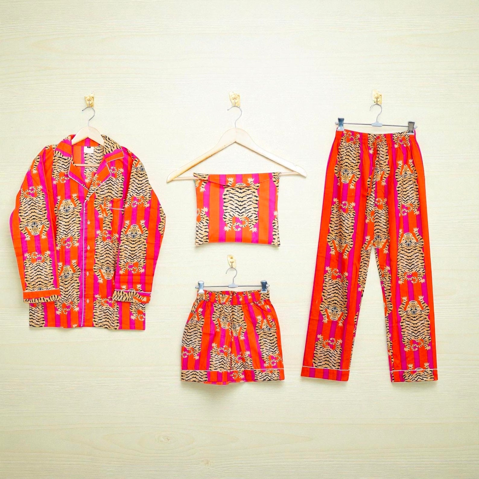 Hand Printed Cotton Pajama Set for Women | Soft Sleepwear | Loungewear Gift 4 Pcs Set