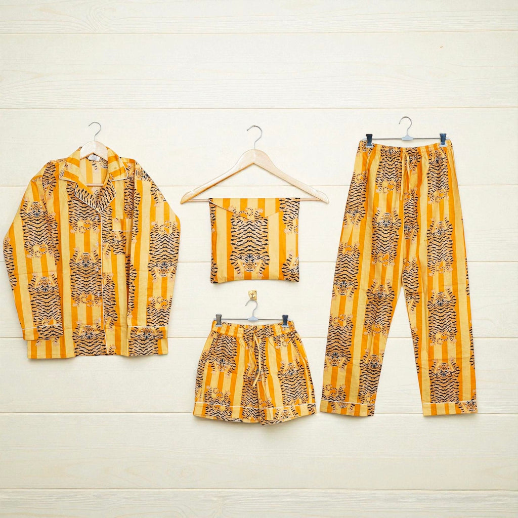 Block Printed Cotton Pajama Set | Handmade Women Nightwear | Summer Sleep 4 Pcs Set