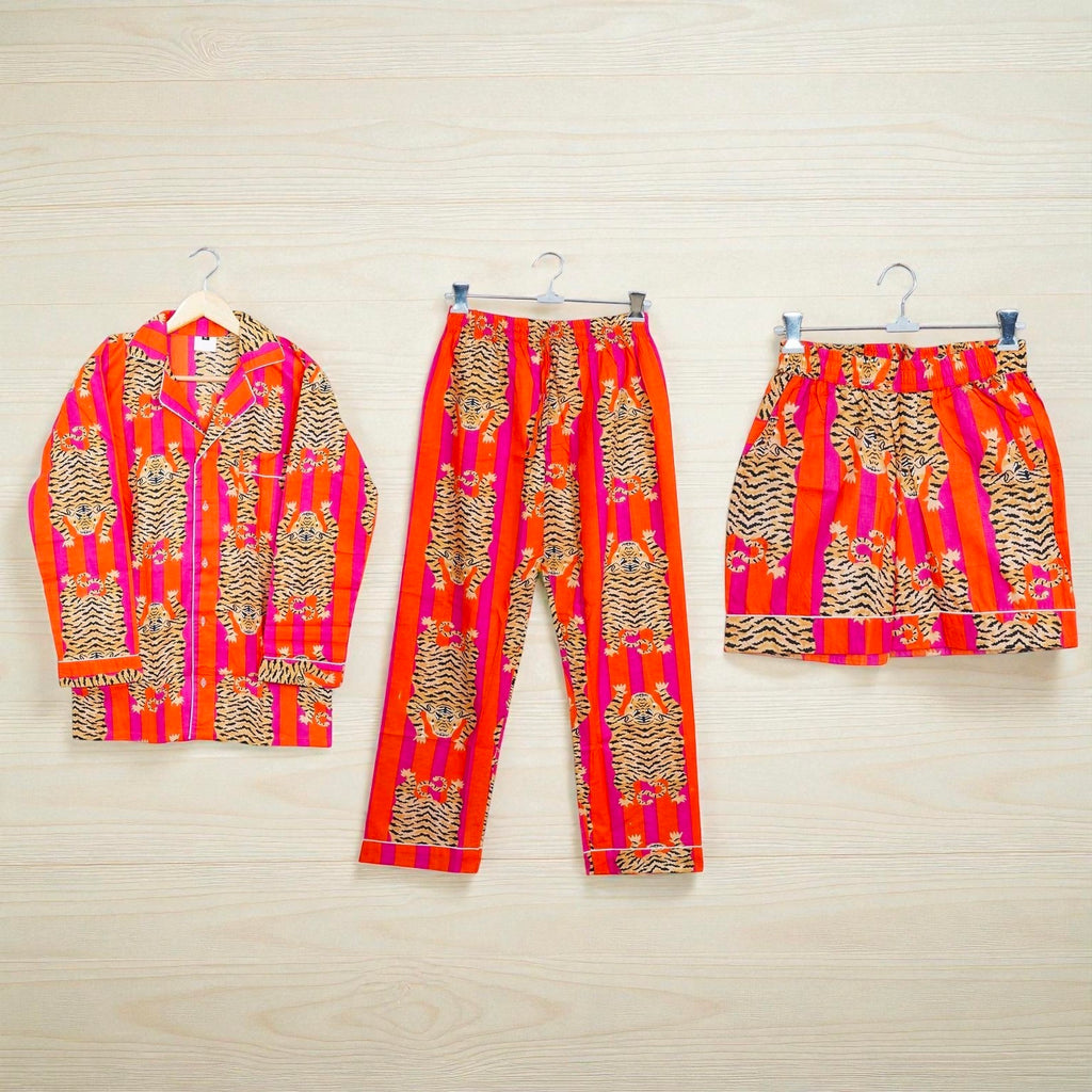 Hand Printed Cotton Pajama Set for Women | Soft Sleepwear | Loungewear Gift 4 Pcs Set