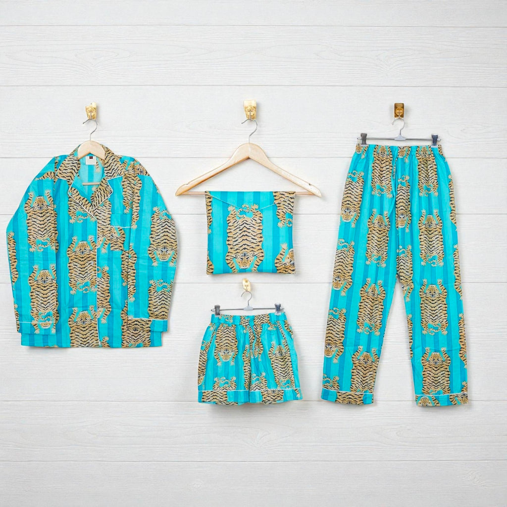 Women Cotton Pajama Set | Handcrafted Block Print Sleepwear | Boho Lounge 4 Pcs Set