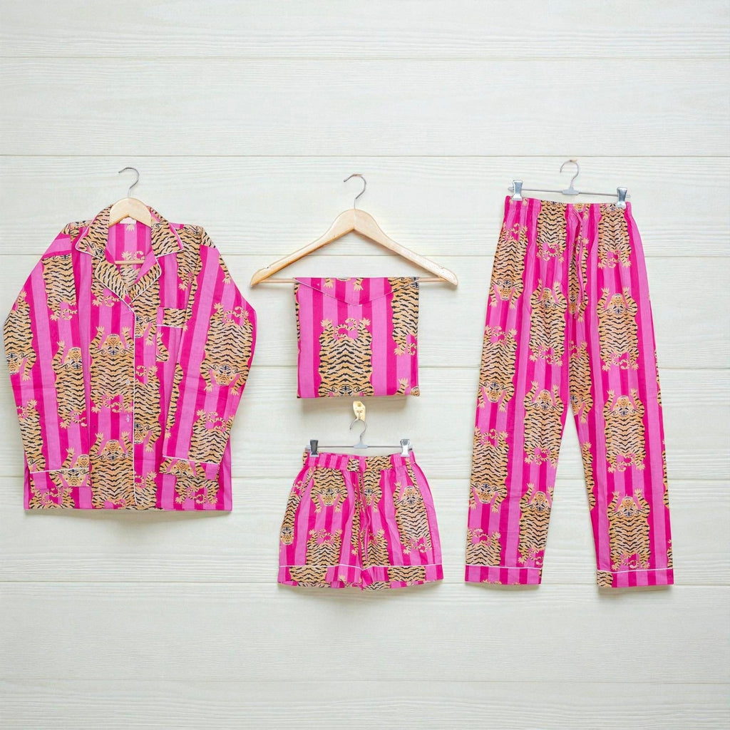 100% Cotton Hand Printed Pajama Set | Comfortable Nightwear for Women 4 Pcs Set