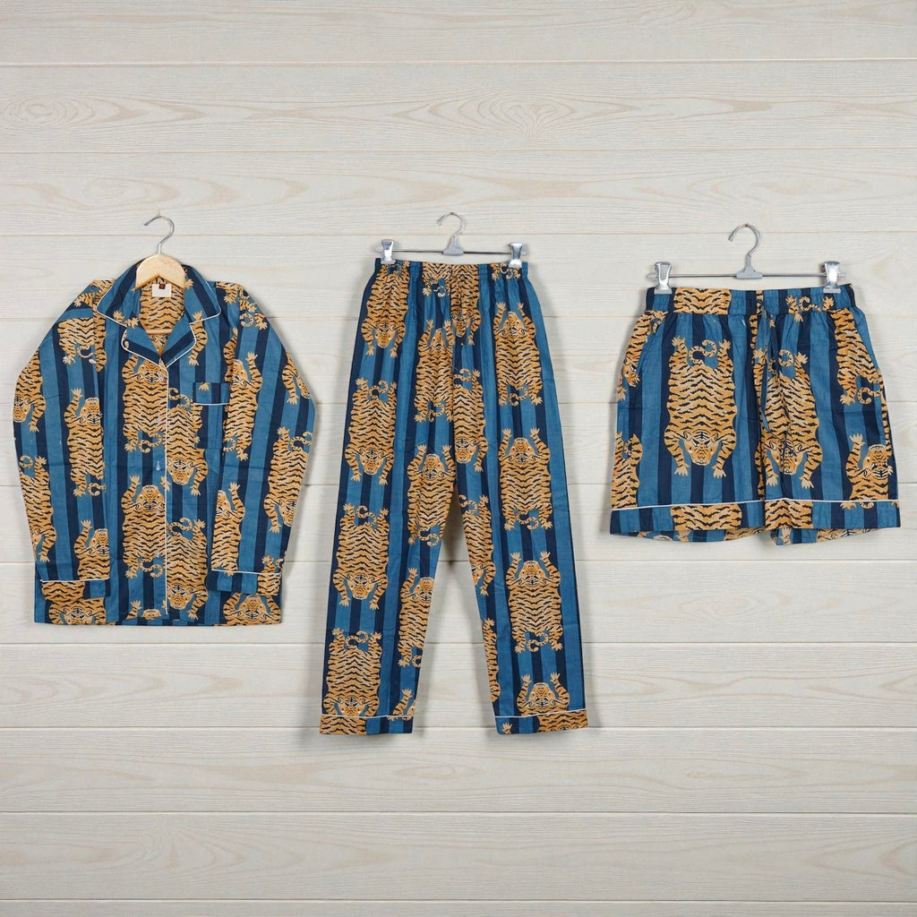 Tiger Hand Printed Cotton Pajama Set | Lightweight Sleepwear | Bohemian Style 4 Pcs Set