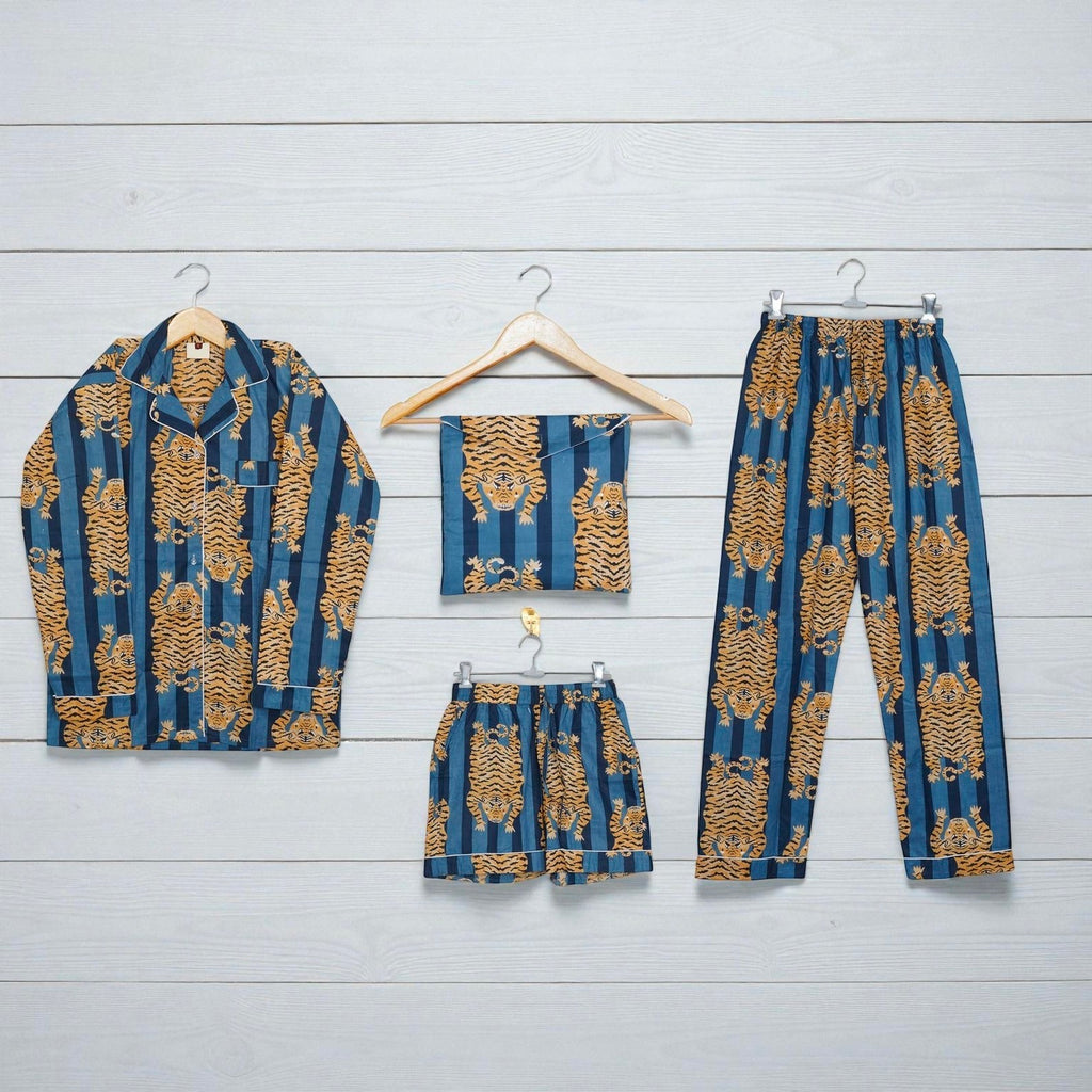Tiger Hand Printed Cotton Pajama Set | Lightweight Sleepwear | Bohemian Style 4 Pcs Set