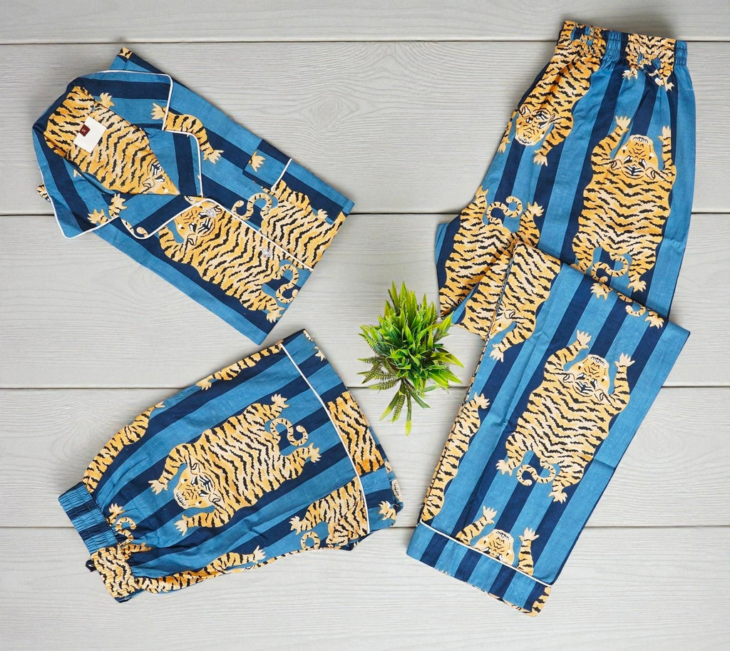 Tiger Hand Printed Cotton Pajama Set | Lightweight Sleepwear | Bohemian Style 4 Pcs Set