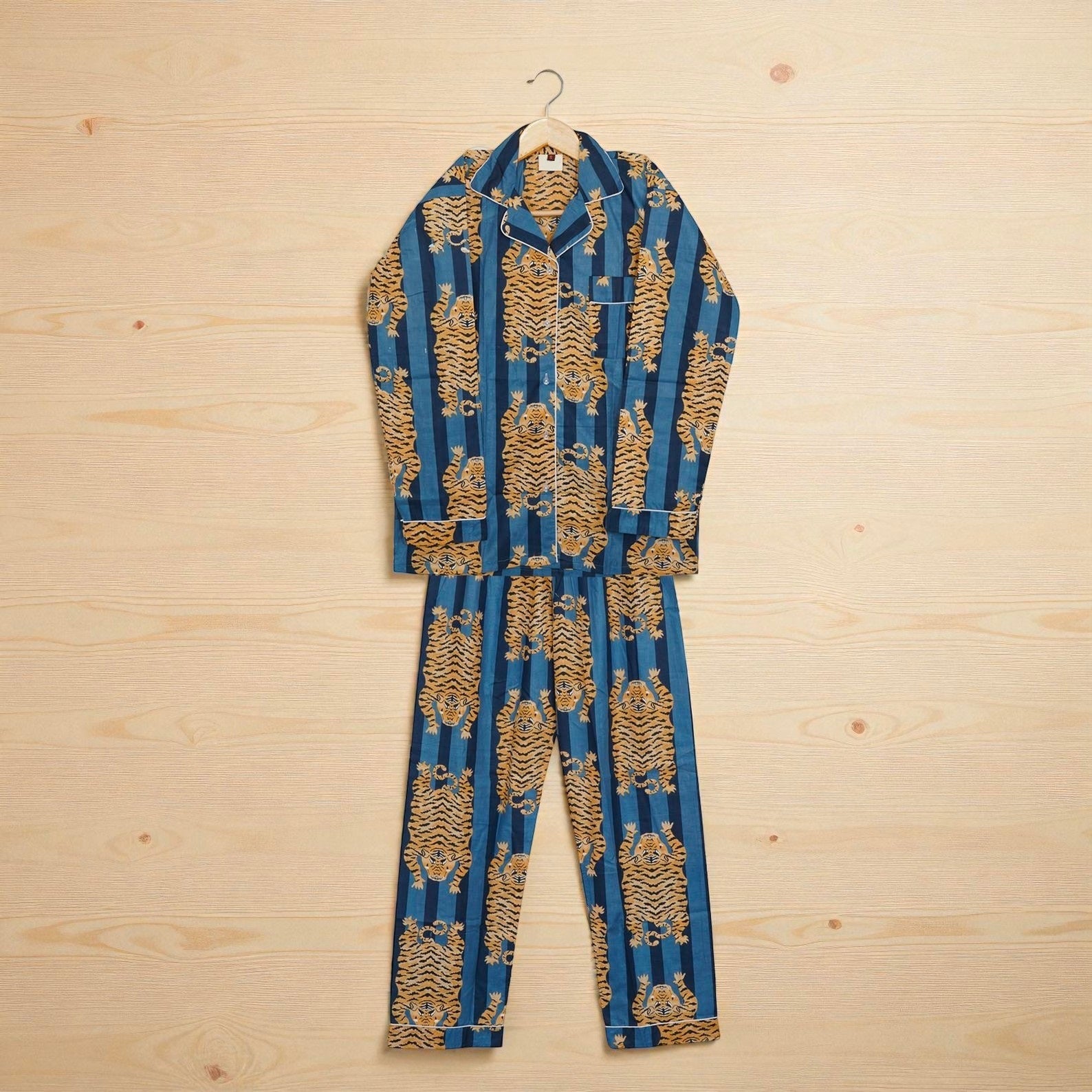 Tiger Hand Printed Cotton Pajama Set | Lightweight Sleepwear | Bohemian Style 4 Pcs Set