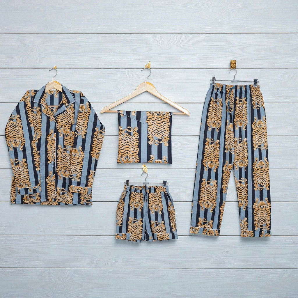 Handmade Cotton Pajama Set for Women | Block Print Loungewear | Cozy Sleep 4 Pcs Set