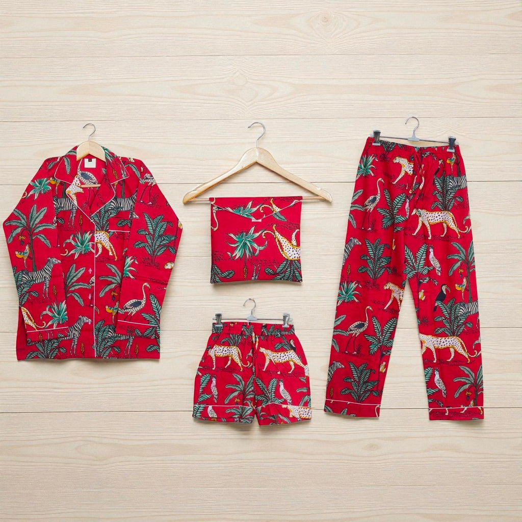 Indian Block Printed Pajama Set | Cotton Sleepwear | Ethnic Handmade Gift 4 Pcs Set