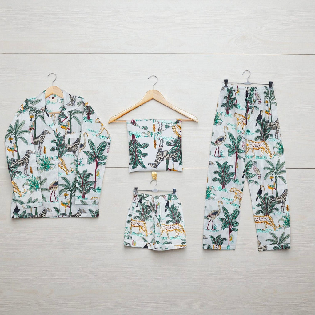 Soft Cotton Women Pajama Set | Hand Printed Sleepwear | Relaxed Fit Loungewear 4 Pcs Set