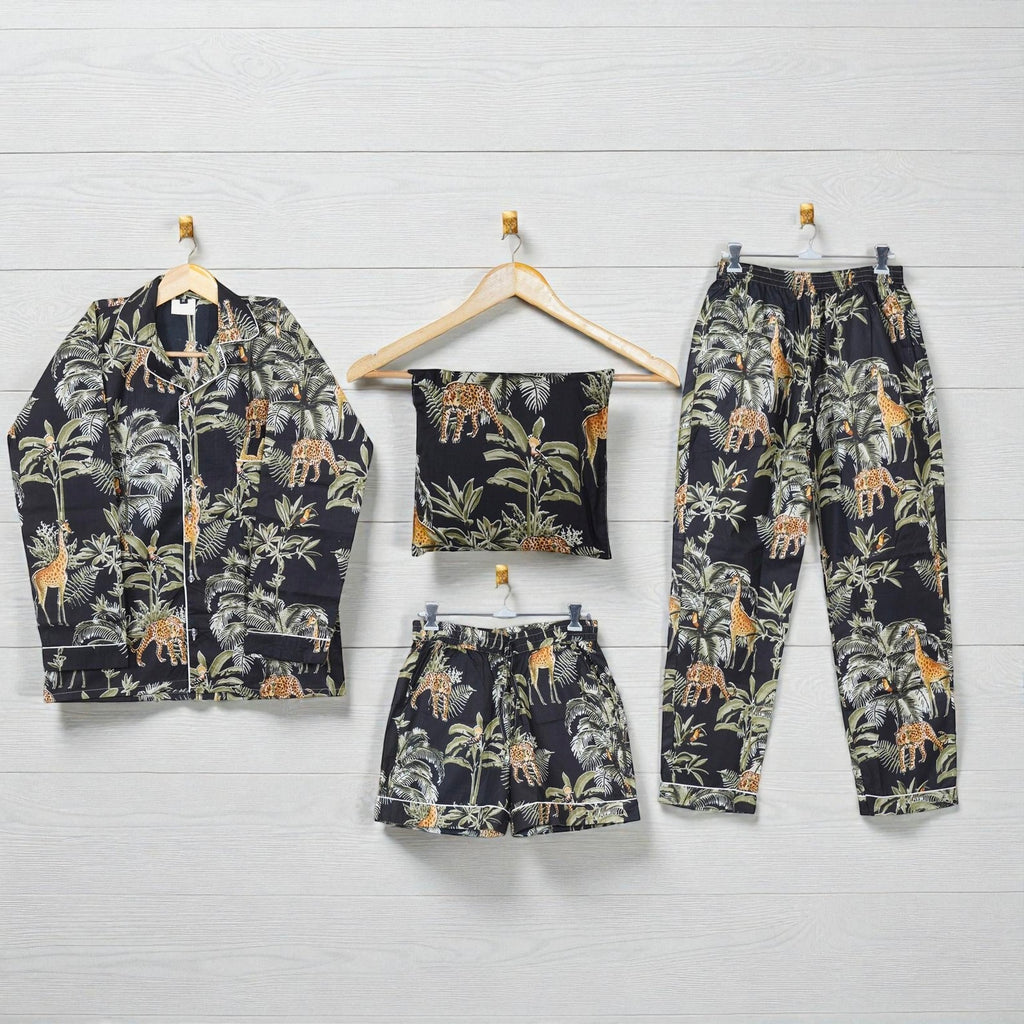 Hand Block Print Cotton Pajama Set | Women Lounge Wear | Eco Friendly Sleepwear 4 Pcs Set