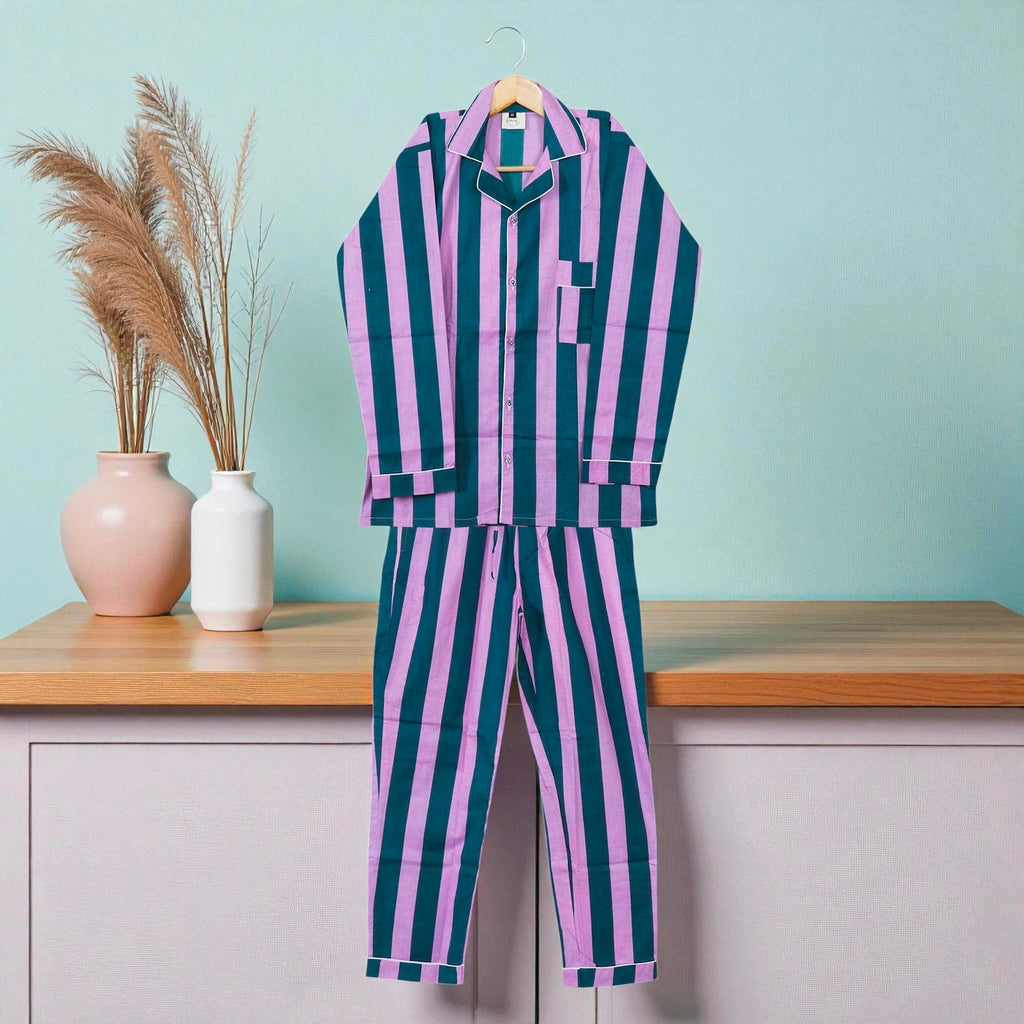 Women Floral Cotton Pajama Set | Hand Printed Sleepwear | Boho Night Suit 4 Pcs Set