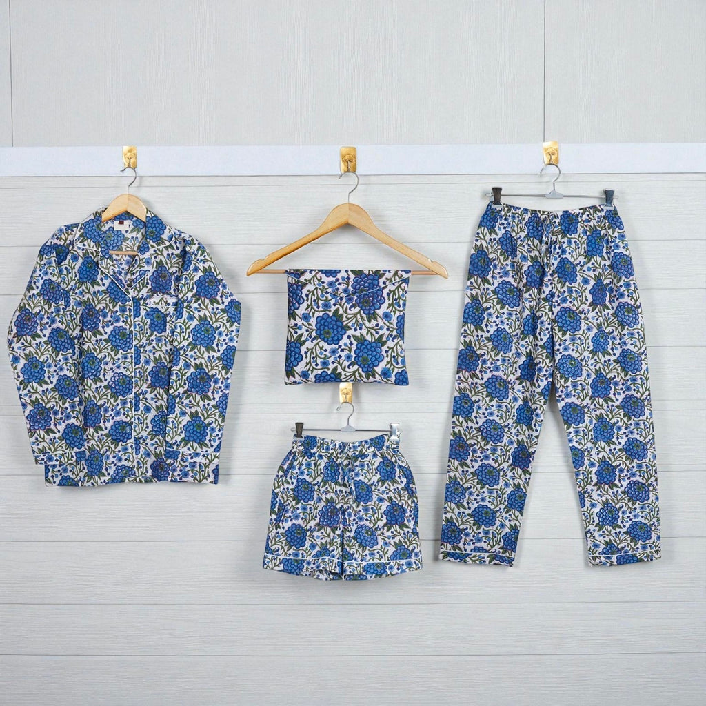 Indian Hand Printed Pajama Set | Soft Cotton Nightwear | Gift for Her 4 Pcs Set