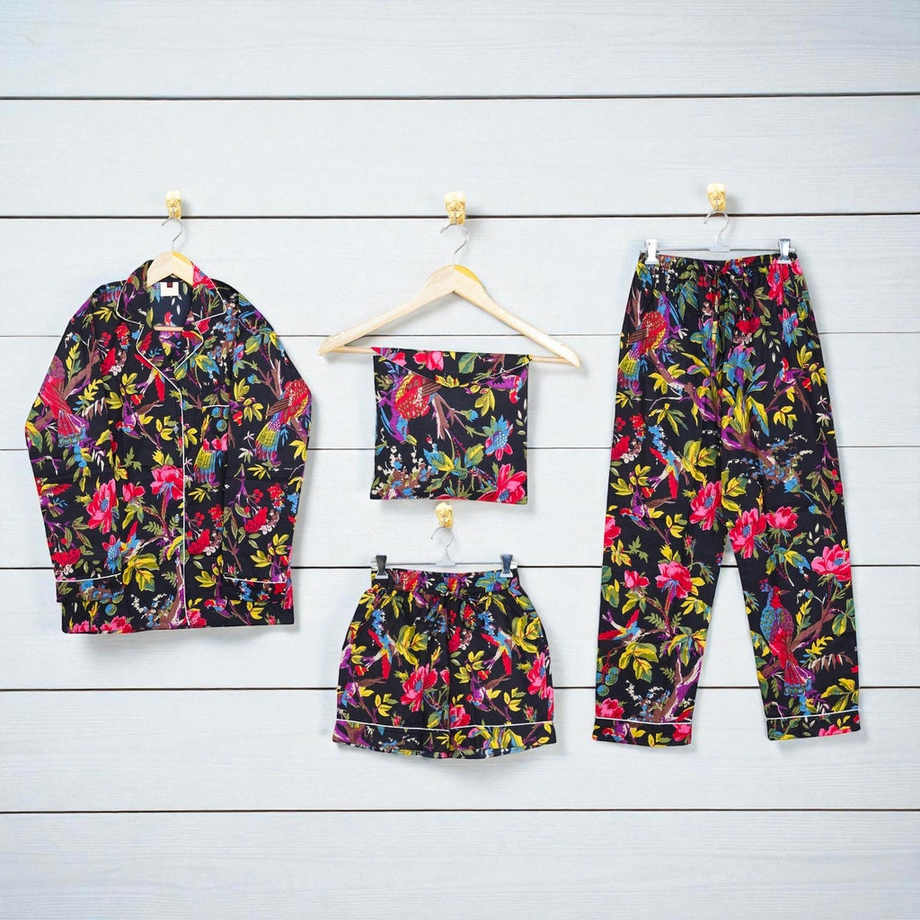 Women’s Cotton Pajama Set | Hand Block Printed | Artisanal Sleepwear 4 Pcs Set