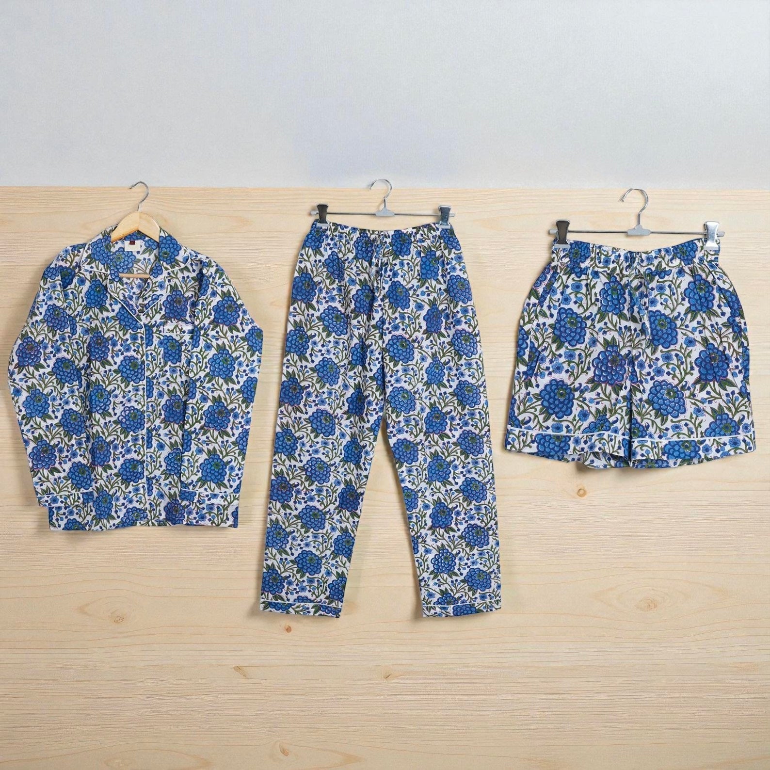 Indian Hand Printed Pajama Set | Soft Cotton Nightwear | Gift for Her 4 Pcs Set