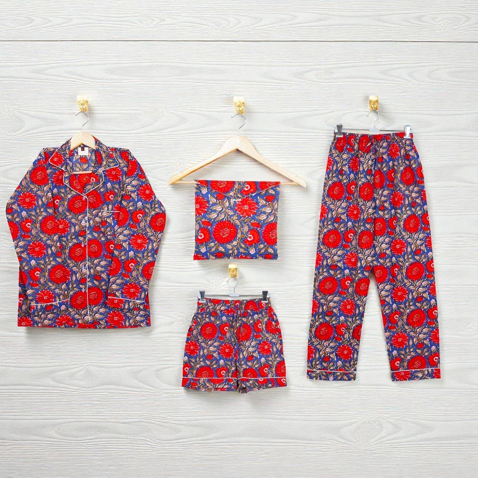 Handcrafted Cotton Pajama Set for Women | Boho Print Sleepwear | Summer Wear 4 Pcs Set