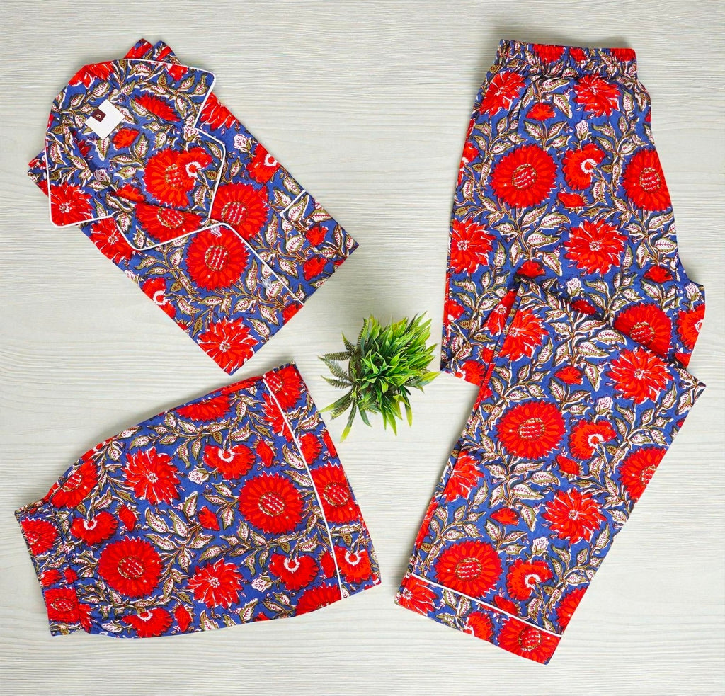 Handcrafted Cotton Pajama Set for Women | Boho Print Sleepwear | Summer Wear 4 Pcs Set