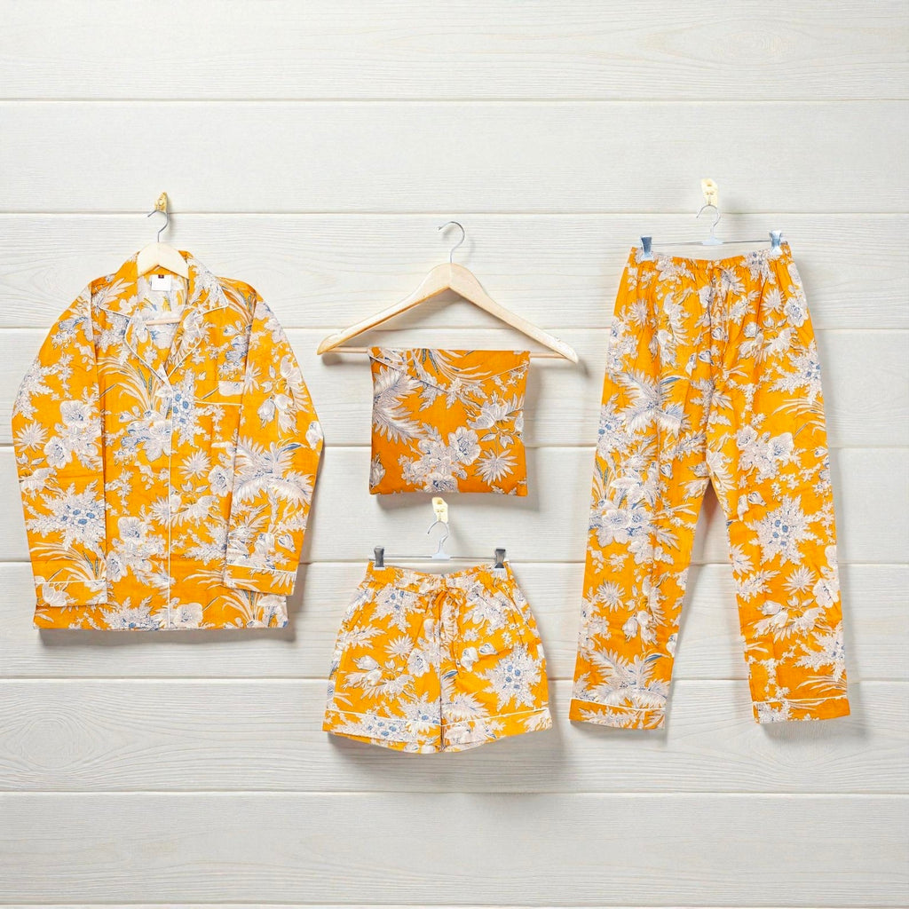 Block Print Pajama Set | Women’s Cotton Sleepwear | Handmade Nightwear 4 Pcs Set