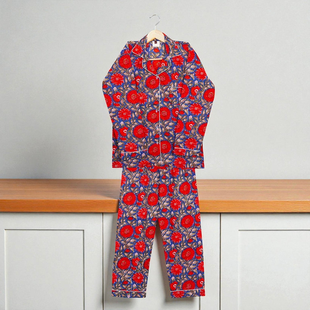 Handcrafted Cotton Pajama Set for Women | Boho Print Sleepwear | Summer Wear 4 Pcs Set