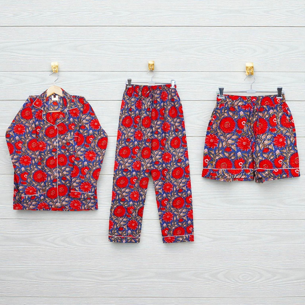 Handcrafted Cotton Pajama Set for Women | Boho Print Sleepwear | Summer Wear 4 Pcs Set