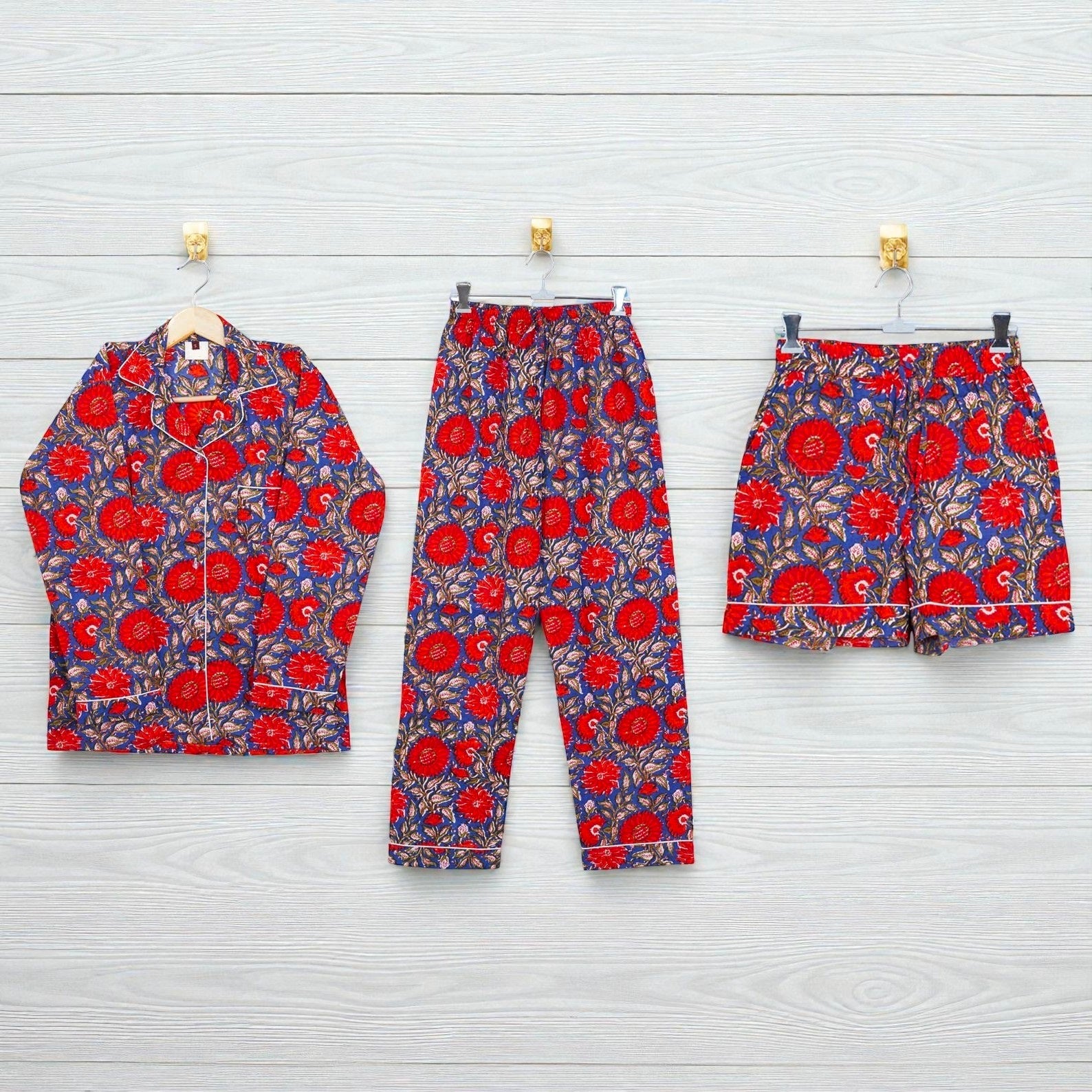 Handcrafted Cotton Pajama Set for Women | Boho Print Sleepwear | Summer Wear 4 Pcs Set