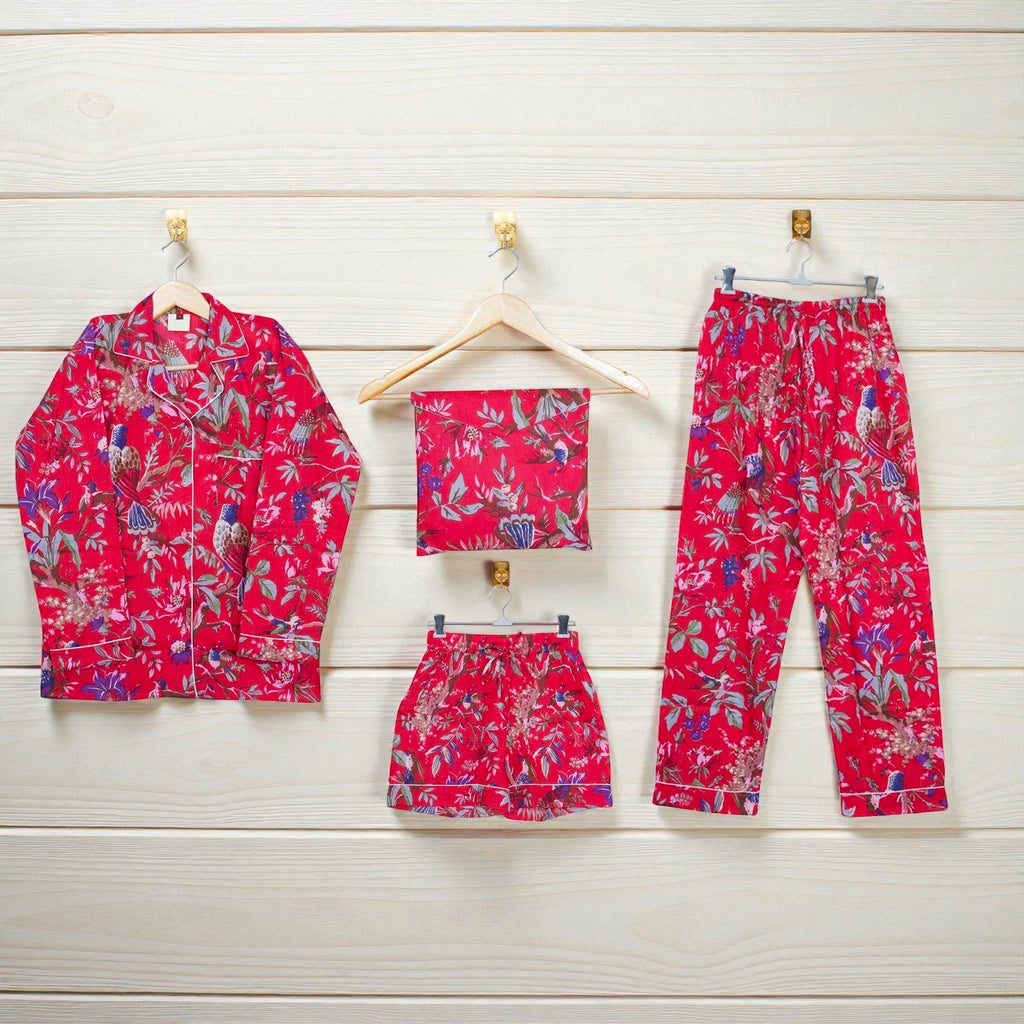 Organic Cotton Hand Printed Pajama Set | Women’s Loungewear | Sustainable Gift 4 Pcs Set
