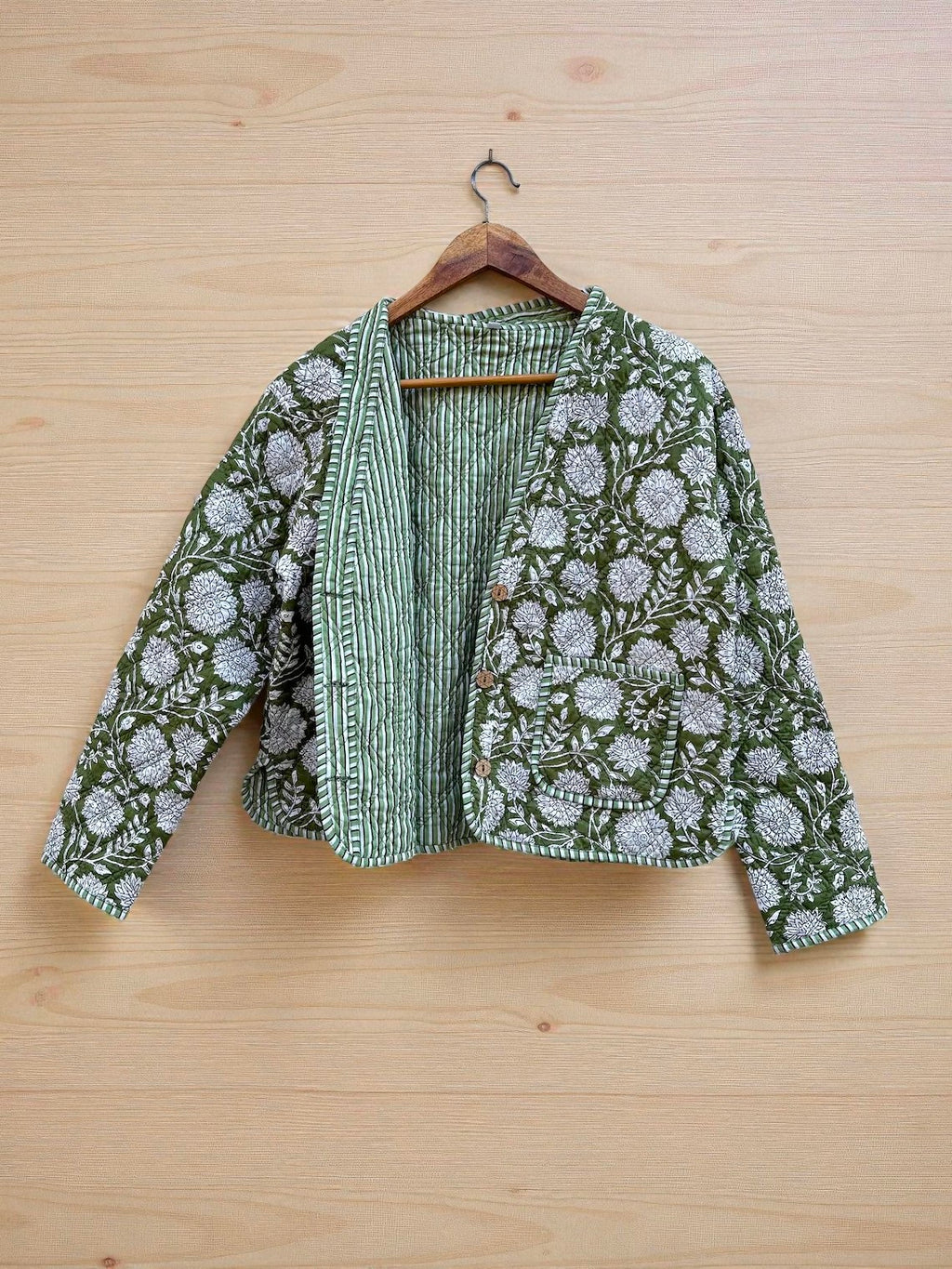 Hand Block Printed Cotton Quilted Women’s Jacket – Reversible Ethnic Winter Wear