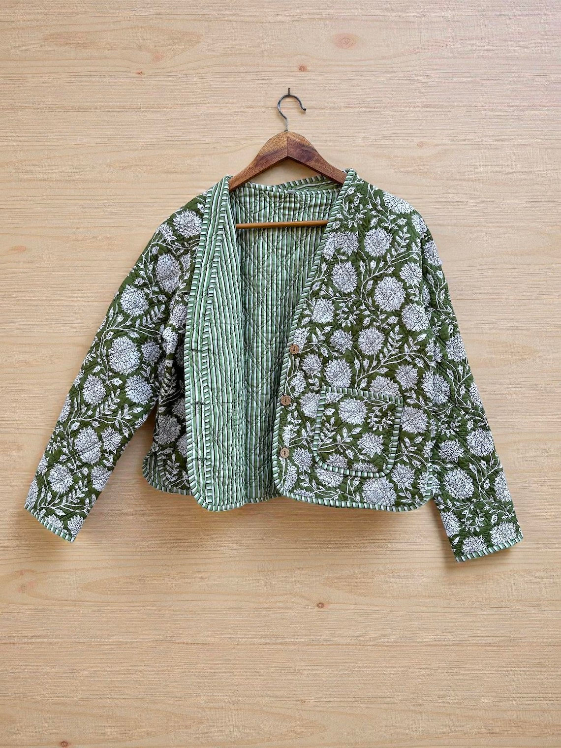 Hand Block Printed Cotton Quilted Women’s Jacket – Reversible Ethnic Winter Wear