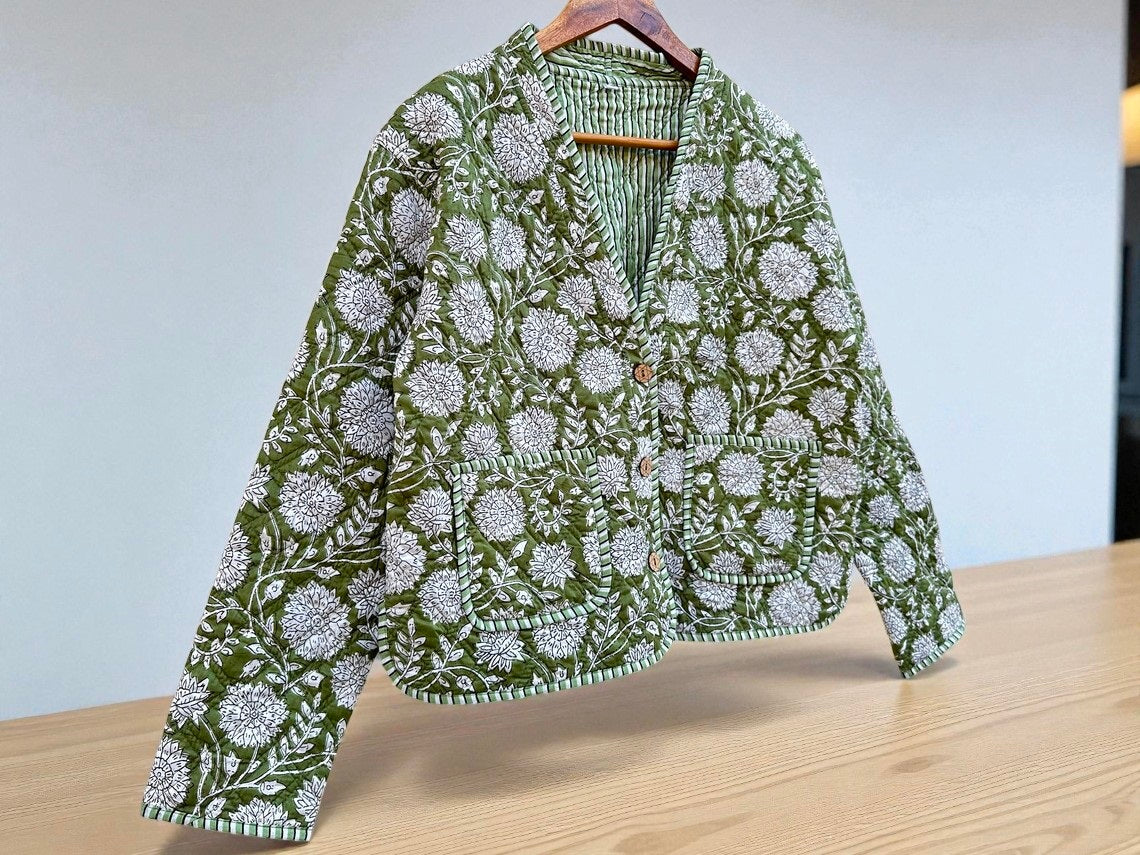 Hand Block Printed Cotton Quilted Women’s Jacket – Reversible Ethnic Winter Wear