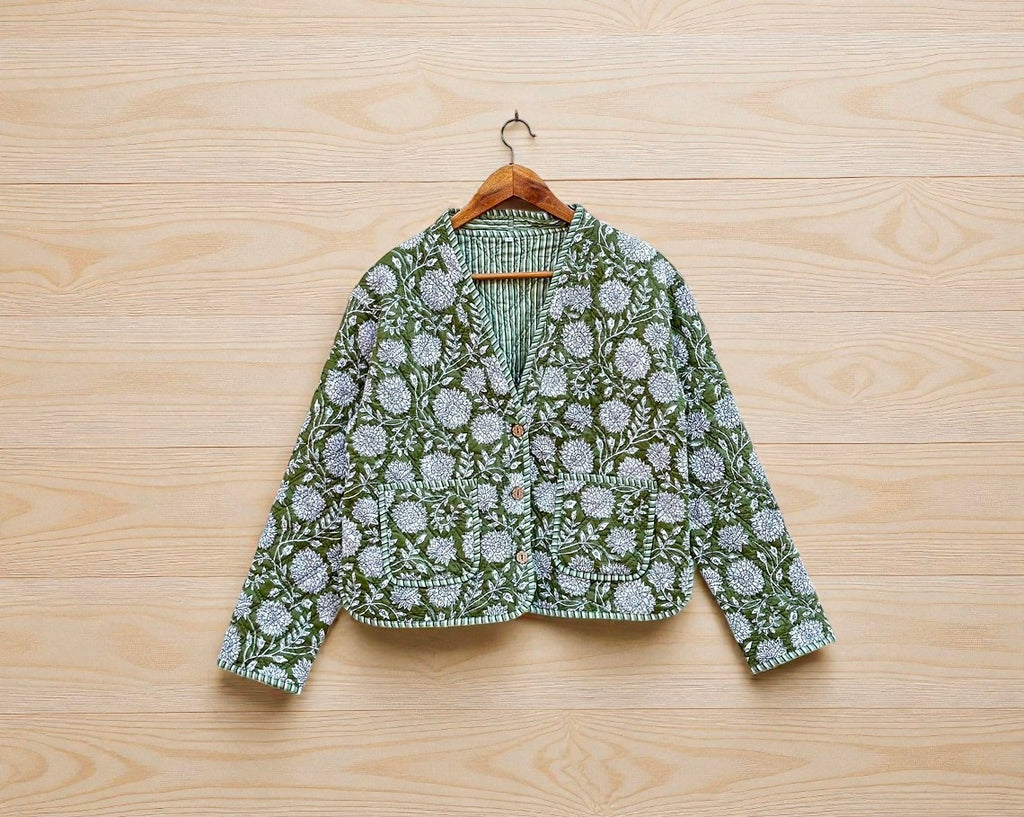 Hand Block Printed Cotton Quilted Women’s Jacket – Reversible Ethnic Winter Wear
