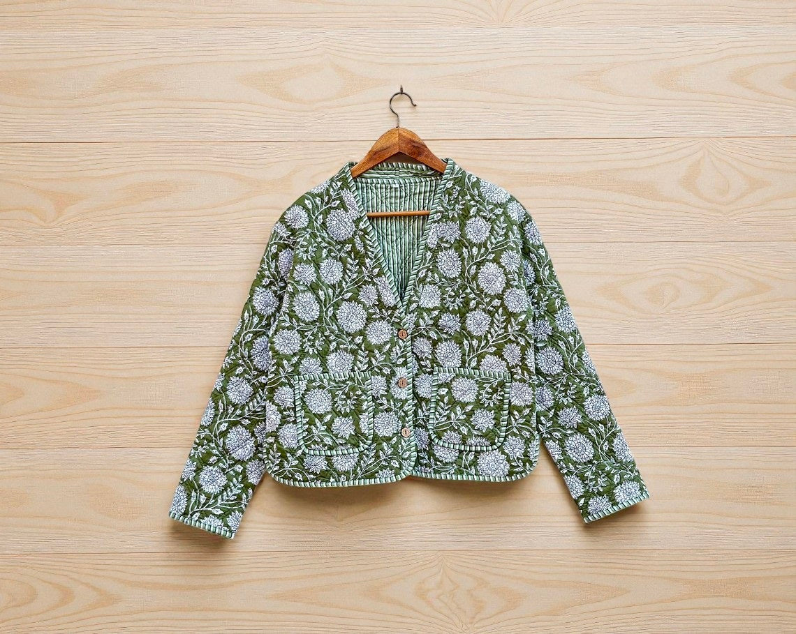 Hand Block Printed Cotton Quilted Women’s Jacket – Reversible Ethnic Winter Wear