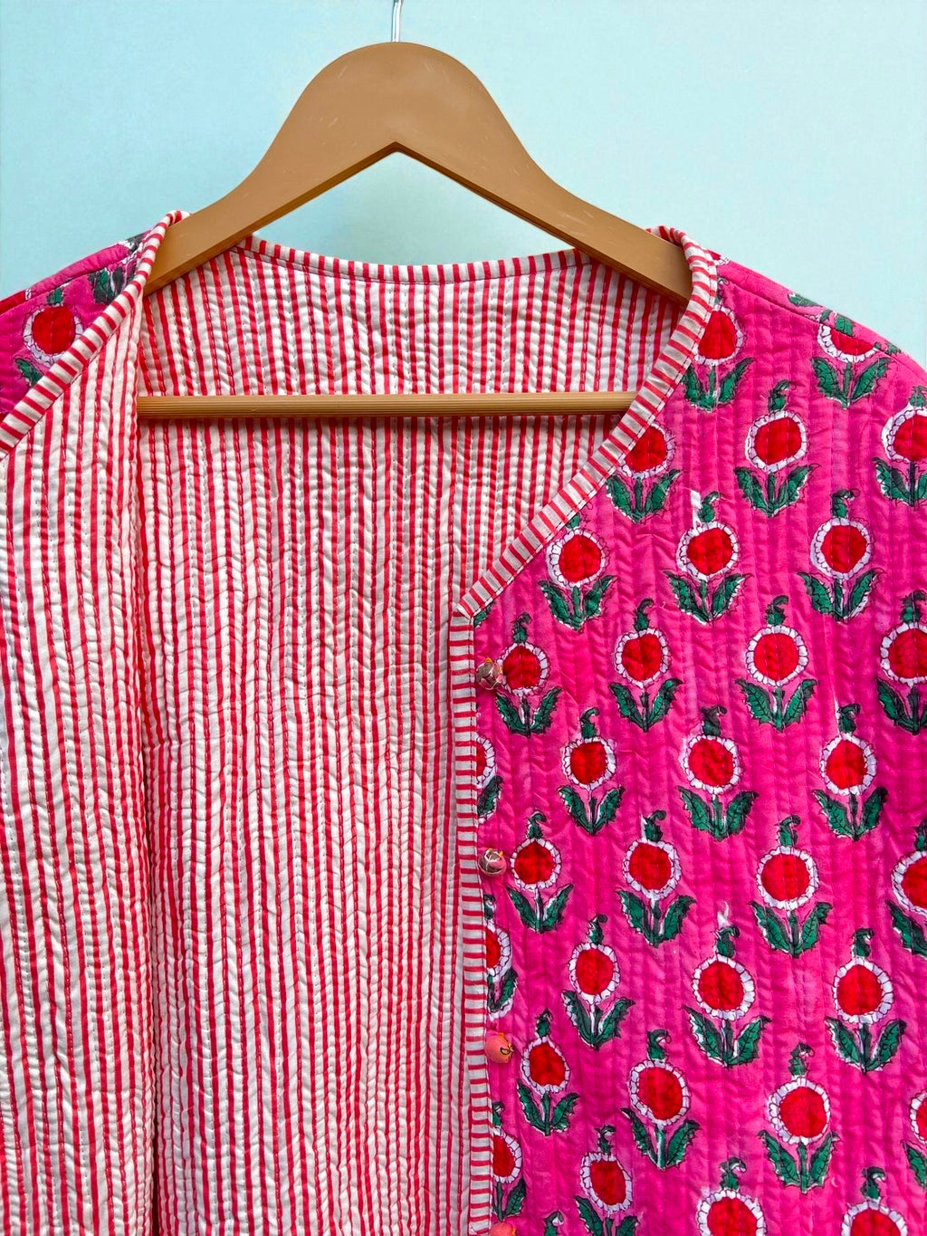 Pure Cotton Hand Block Print Quilted Jacket – Boho Style Reversible Coat