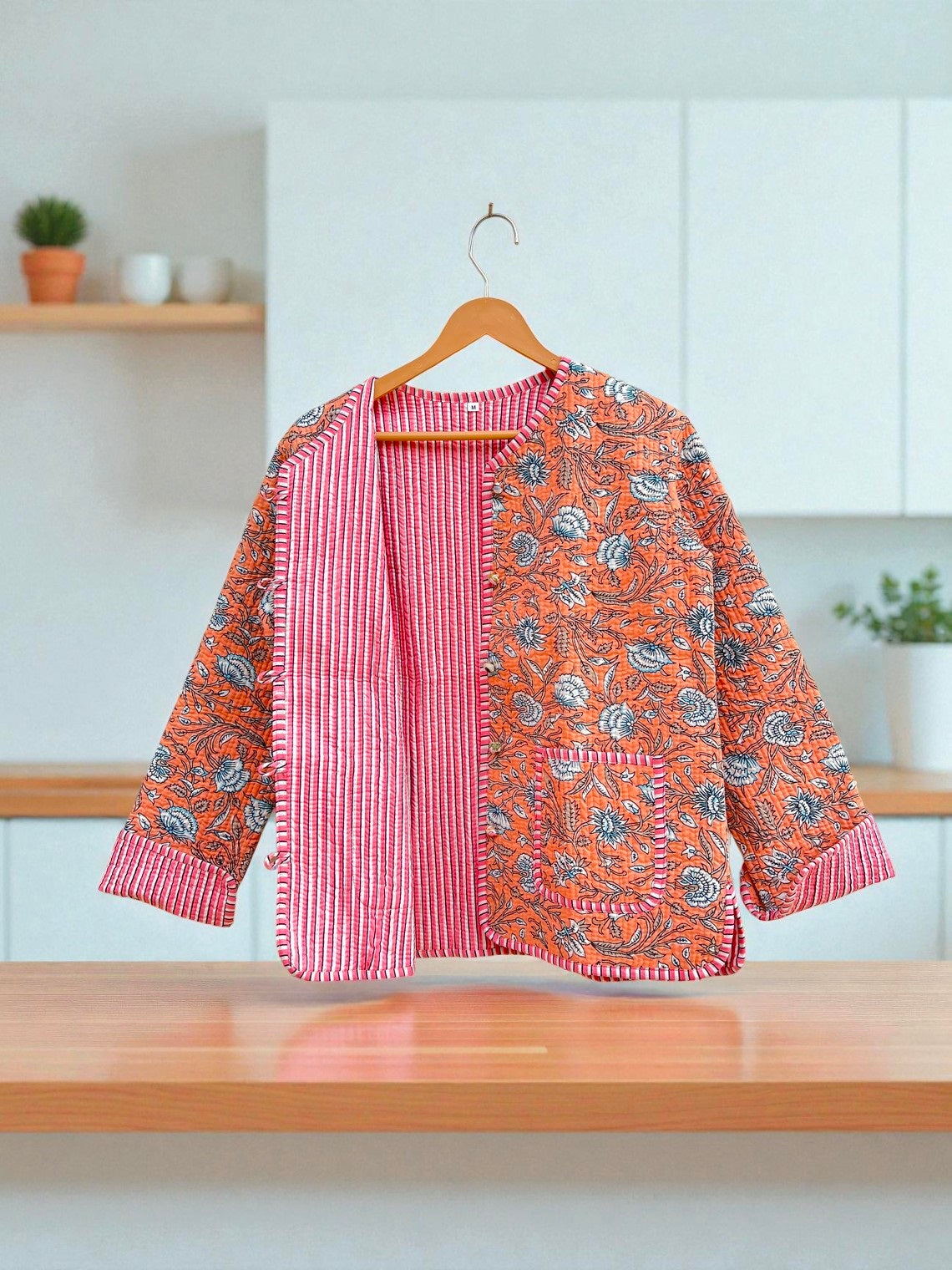 Women’s Quilted Cotton Jacket – Traditional Block Printed Reversible Design