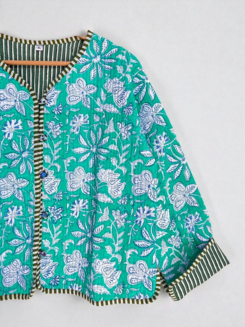 Rajasthani Hand Block Printed Cotton Quilted Jacket – Artisanal Winter Coat