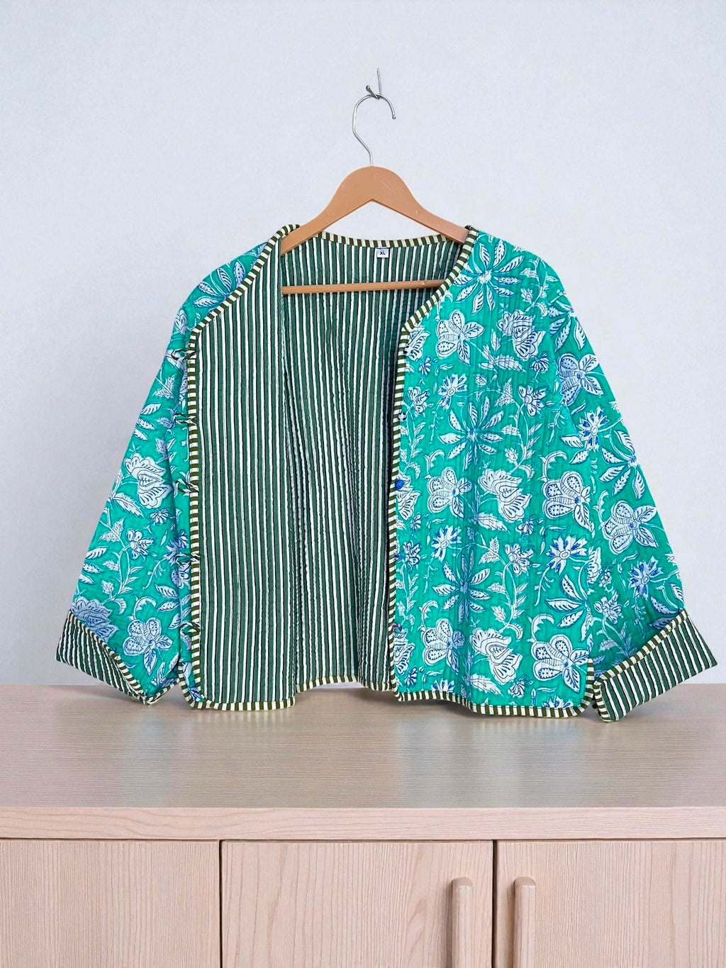 Rajasthani Hand Block Printed Cotton Quilted Jacket – Artisanal Winter Coat