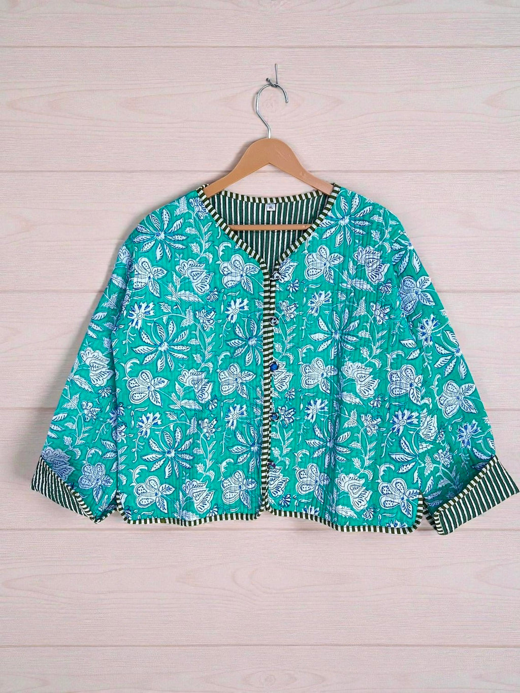 Rajasthani Hand Block Printed Cotton Quilted Jacket – Artisanal Winter Coat