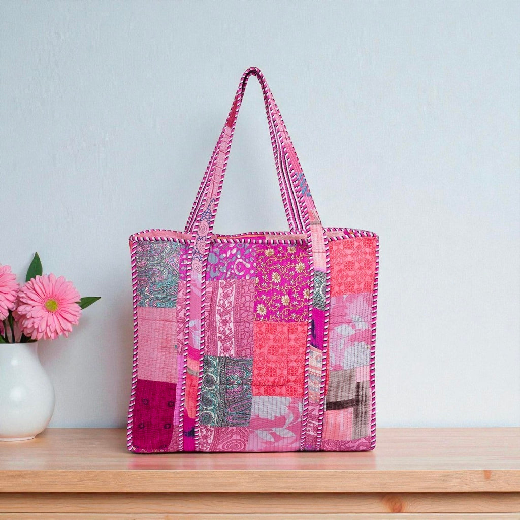 Indian Patchwork Handmade Cotton Quilted Bag Boho Tote for Everyday Use