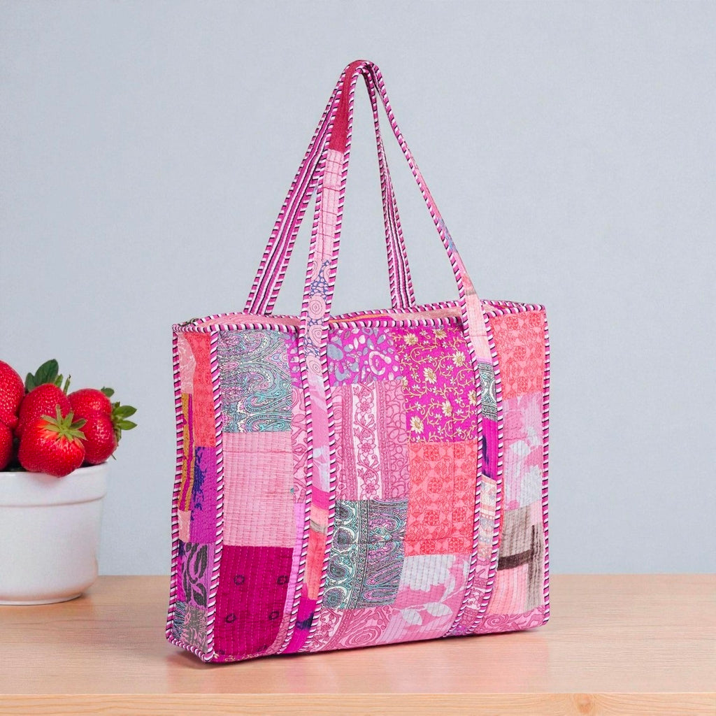 Indian Patchwork Handmade Cotton Quilted Bag Boho Tote for Everyday Use