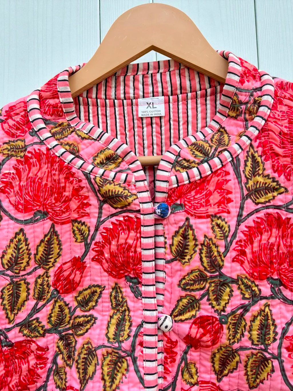 Elegant Floral Hand Block Print Quilted Jacket – Pure Cotton Winter Wear