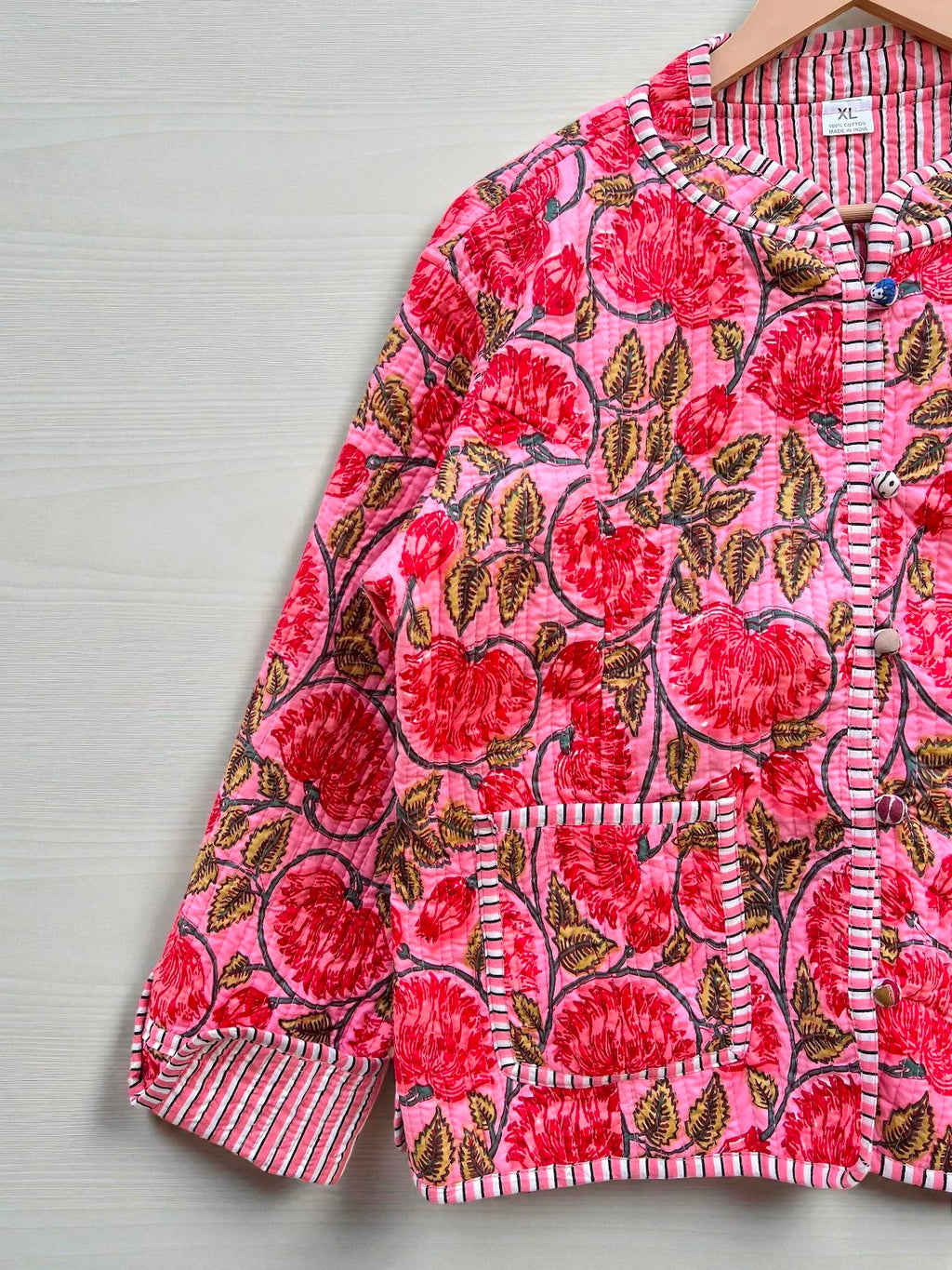 Elegant Floral Hand Block Print Quilted Jacket – Pure Cotton Winter Wear