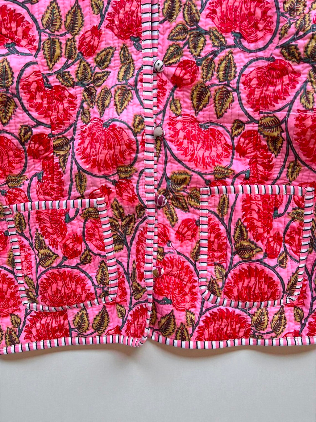 Elegant Floral Hand Block Print Quilted Jacket – Pure Cotton Winter Wear