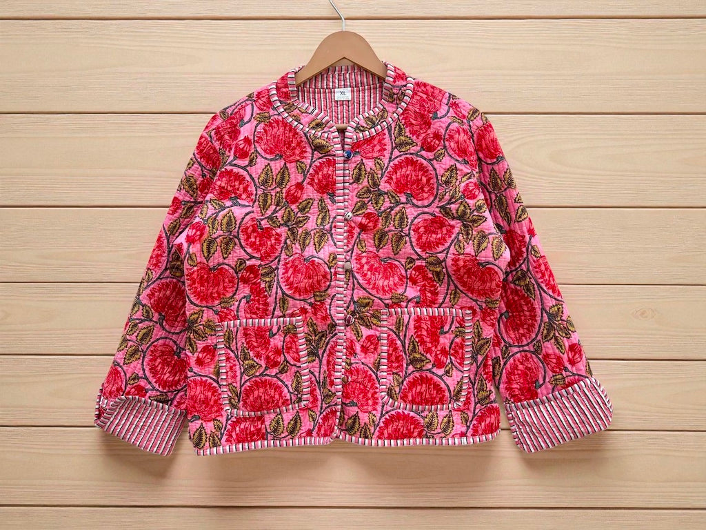 Elegant Floral Hand Block Print Quilted Jacket – Pure Cotton Winter Wear
