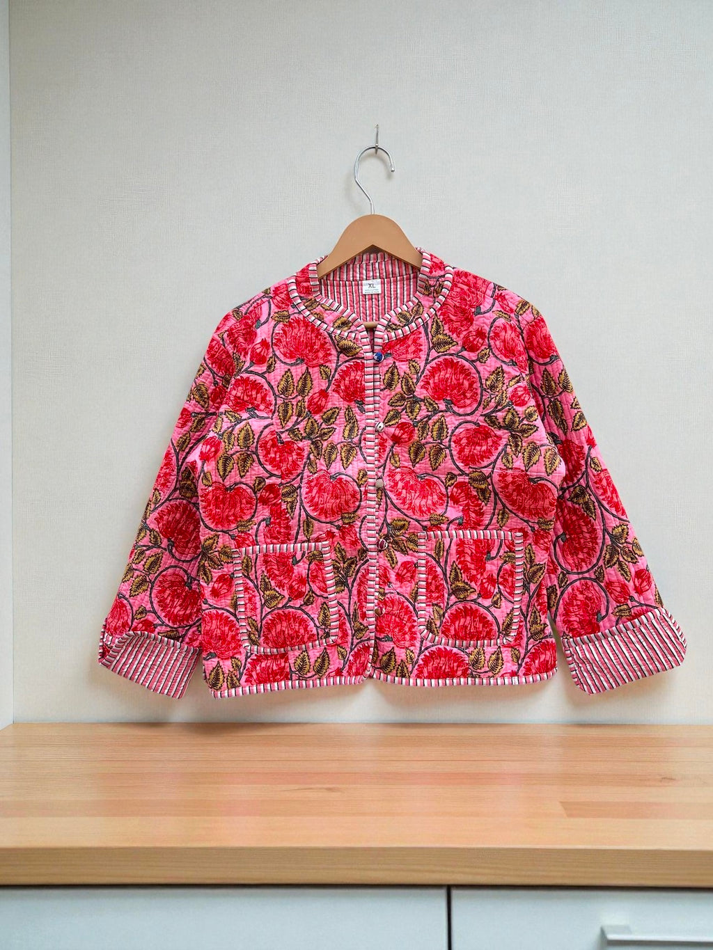 Elegant Floral Hand Block Print Quilted Jacket – Pure Cotton Winter Wear