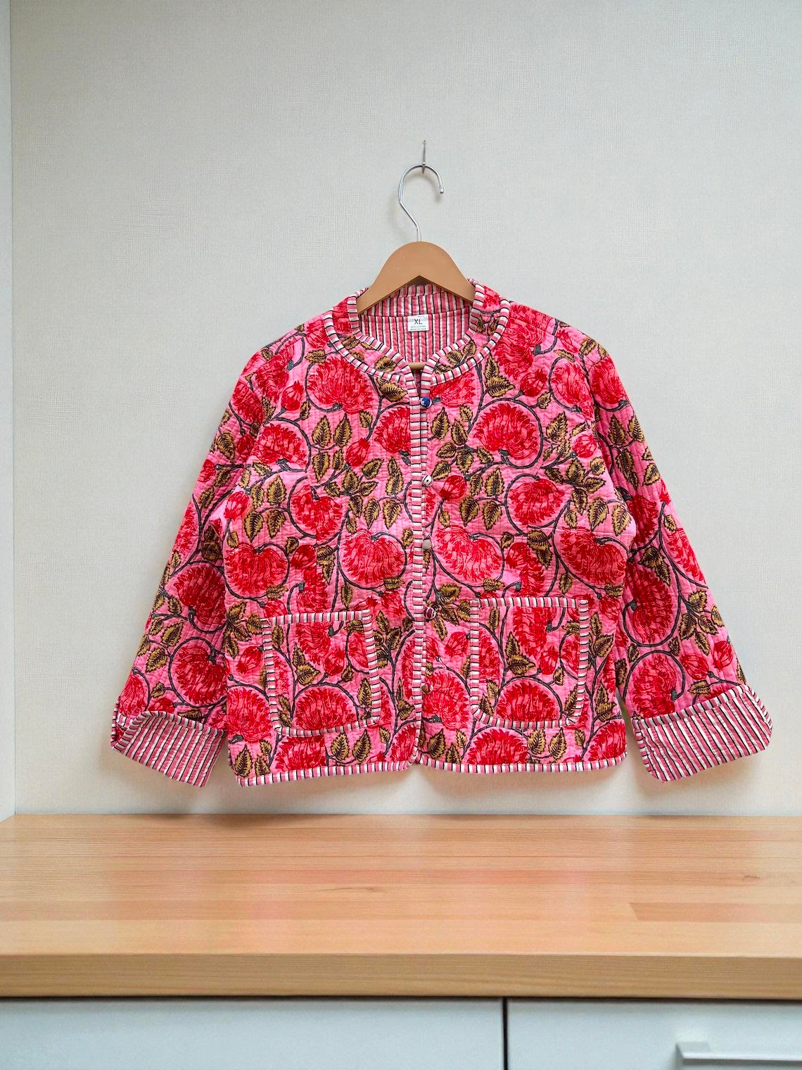 Elegant Floral Hand Block Print Quilted Jacket – Pure Cotton Winter Wear