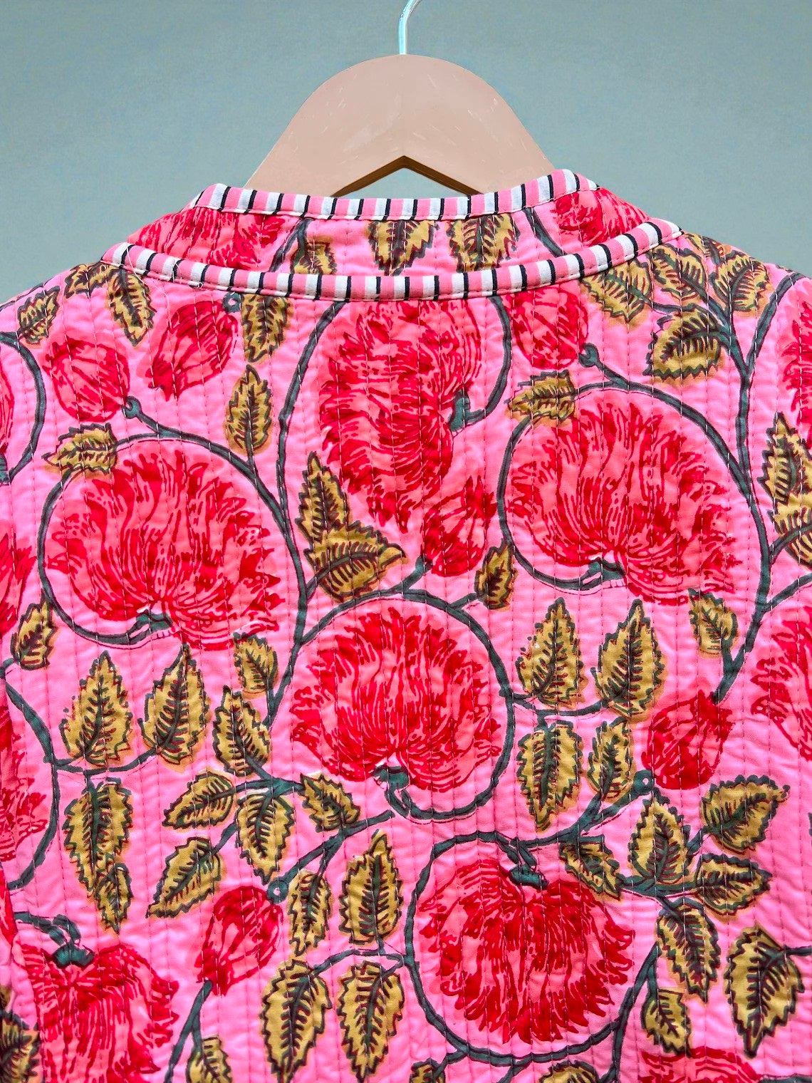 Elegant Floral Hand Block Print Quilted Jacket – Pure Cotton Winter Wear