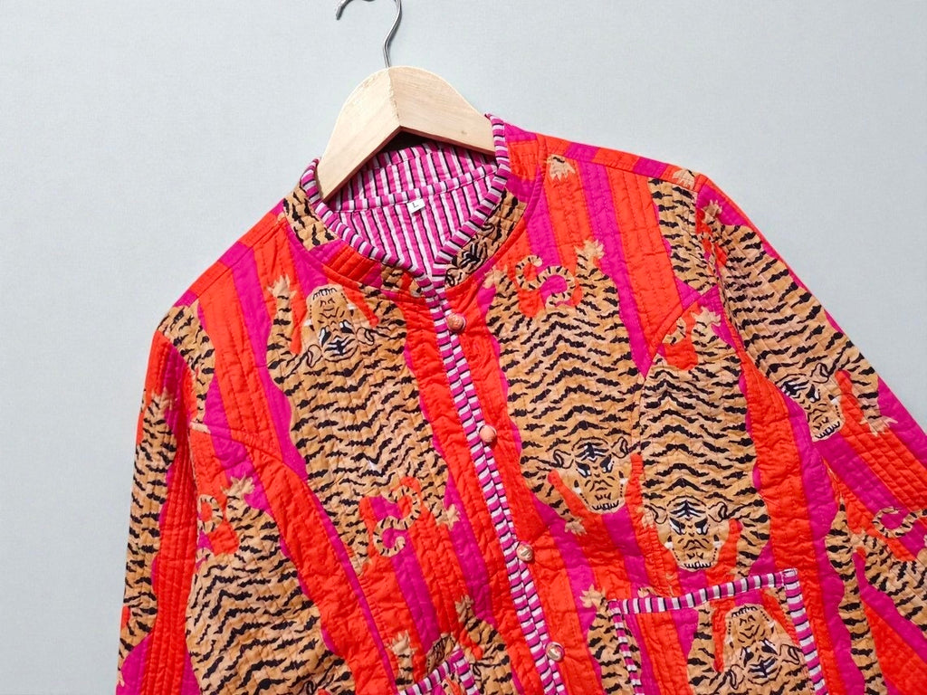 Floral Hand Block Print Quilted Jacket – Pure Cotton Winter Wear