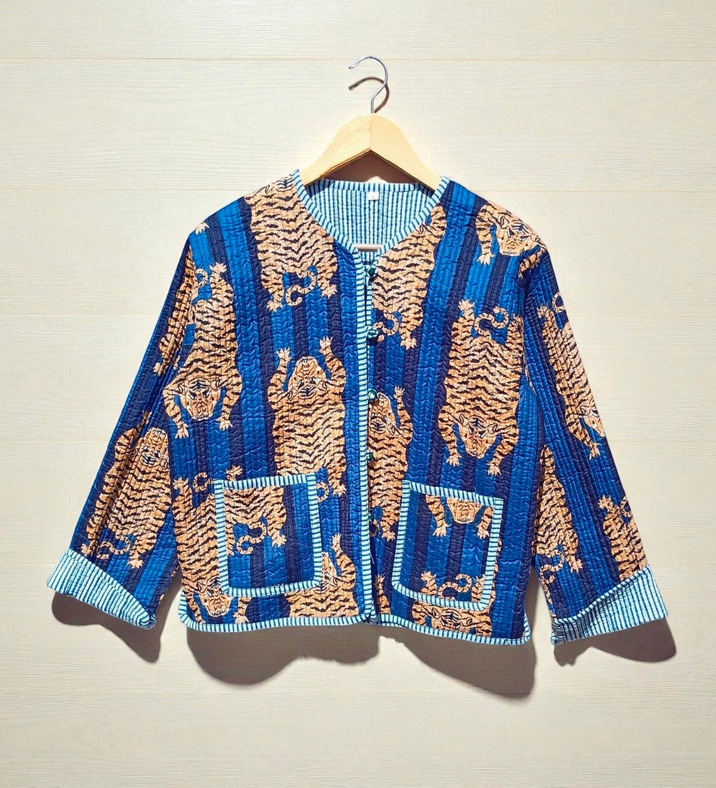 Tiger Hand Block Print Quilted Jacket – Pure Cotton Winter Wear