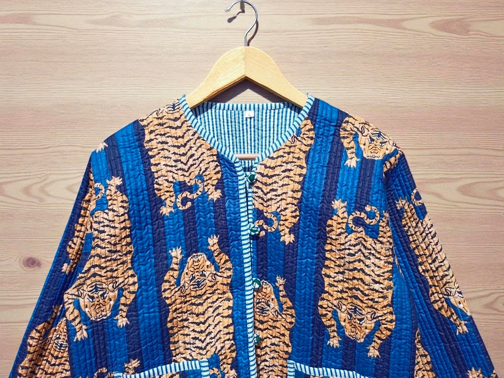Tiger Hand Block Print Quilted Jacket – Pure Cotton Winter Wear